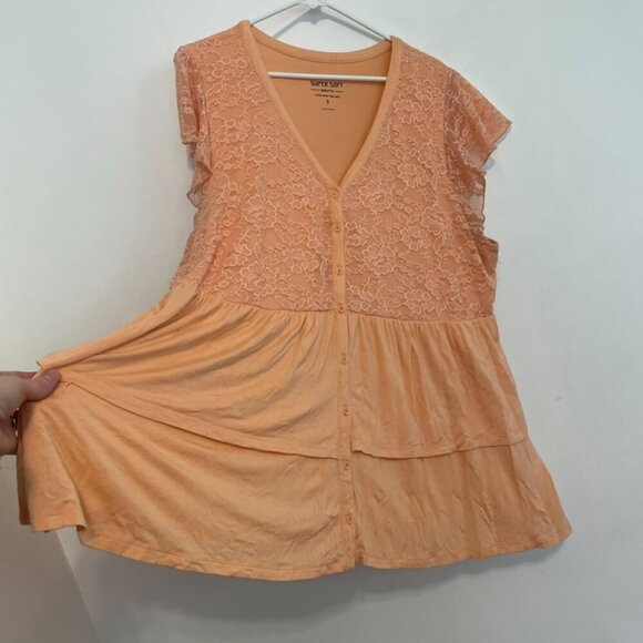 TORRID 3 Plus Size Super Soft V-Neck Lace Bodice Tiered Babydoll Top Peach Boho - Picture 9 of 16